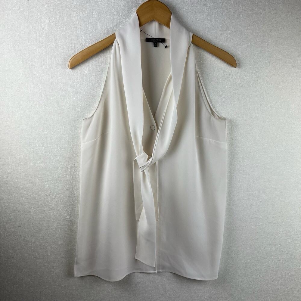 Lafayette 148 Women’s Size S Ivory Sleeveless Tie Neck Button Down Blouse